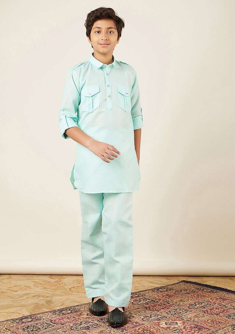 Blue Solid Blended Kurta Set For Boys - Indya