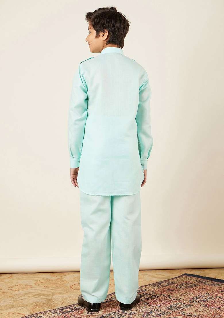 Blue Solid Blended Kurta Set For Boys - Indya
