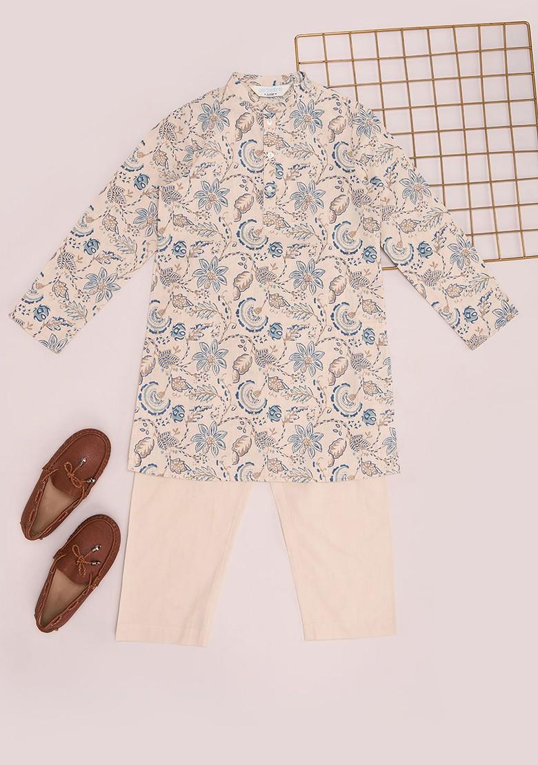 Teal Printed Cotton Kurta Set For Boys - Indya