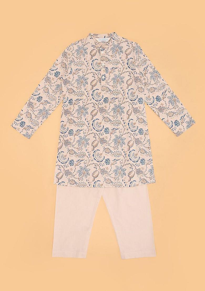 Teal Printed Cotton Kurta Set For Boys - Indya