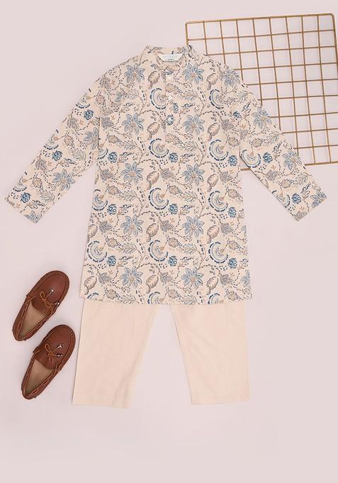 Teal Printed Cotton Kurta Set For Boys — view on Indya