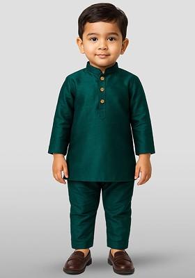 Green Solid Blended Kurta Set For Boys