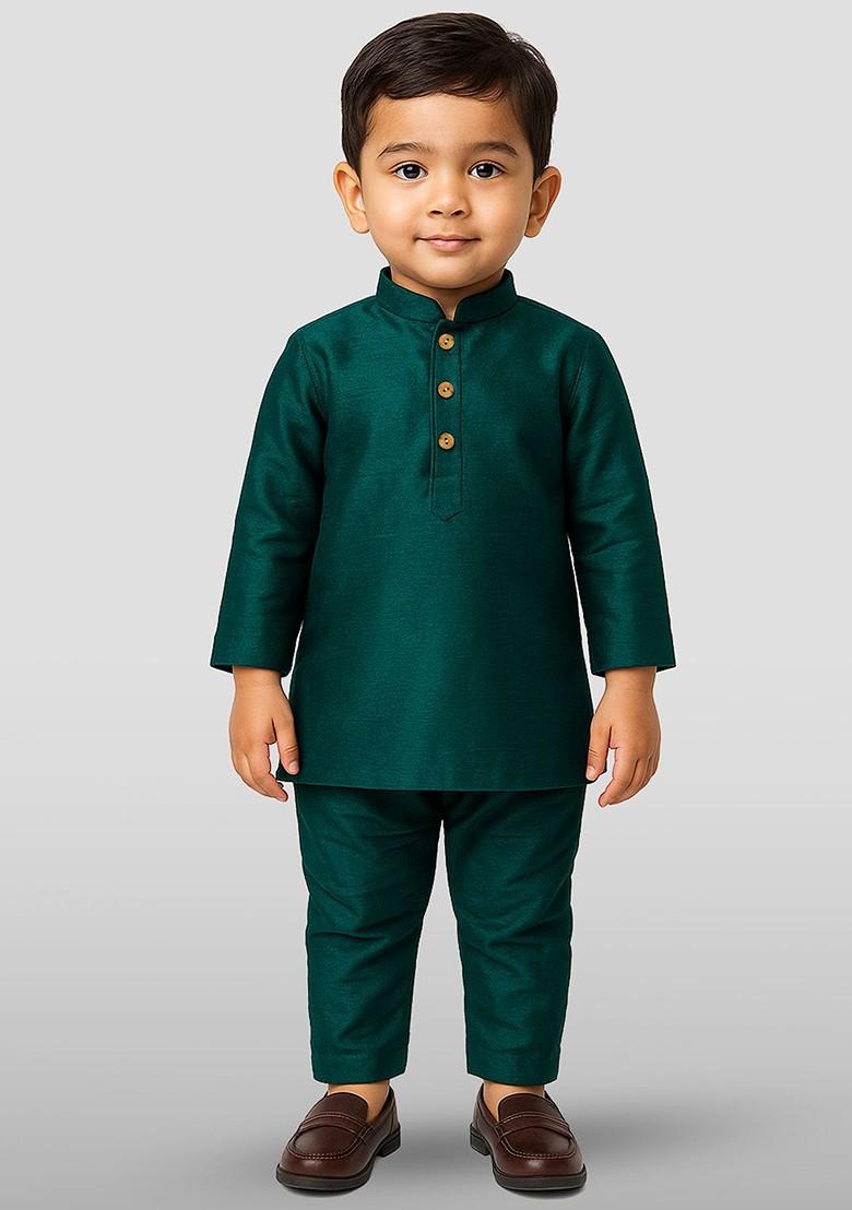 Green Solid Blended Kurta Set For Boys - Indya