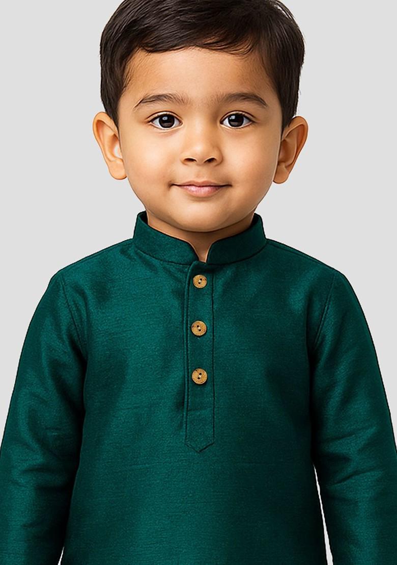 Green Solid Blended Kurta Set For Boys - Indya