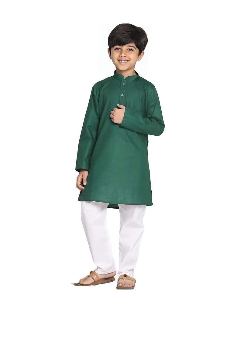 Green Embroidered Cotton Kurta Set For Boys - Indya