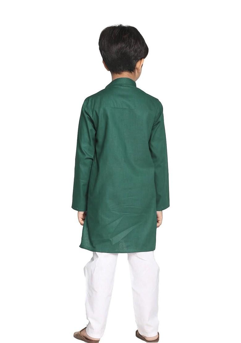 Green Embroidered Cotton Kurta Set For Boys - Indya