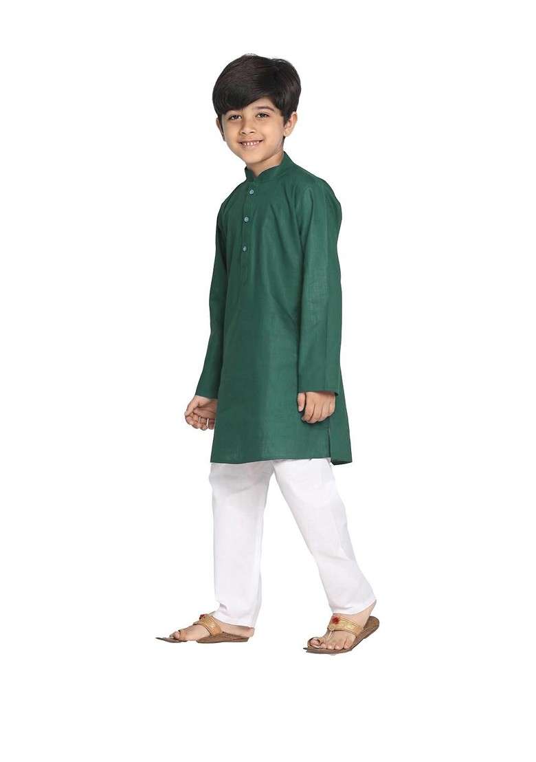 Green Embroidered Cotton Kurta Set For Boys - Indya
