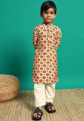 Brown Printed Silk Kurta Set For Boys