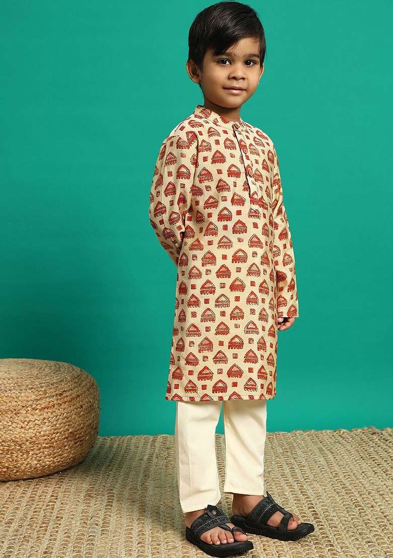 Brown Printed Silk Kurta Set For Boys - Indya