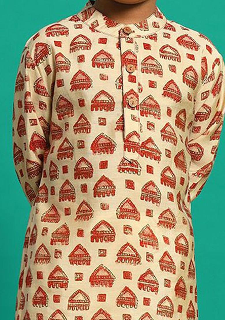 Brown Printed Silk Kurta Set For Boys - Indya
