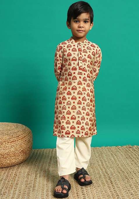 Brown Printed Silk Kurta Set For Boys
