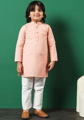 Peach Embroidered Cotton Kurta Set For Boys