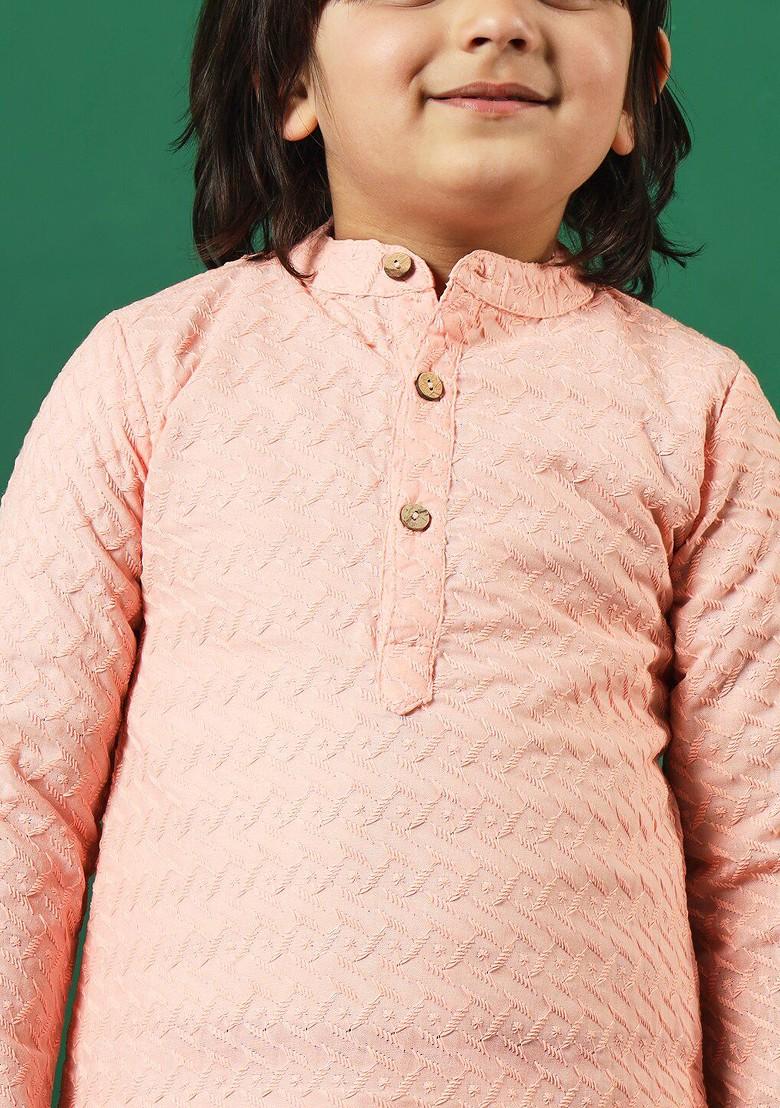 Peach Embroidered Cotton Kurta Set For Boys - Indya
