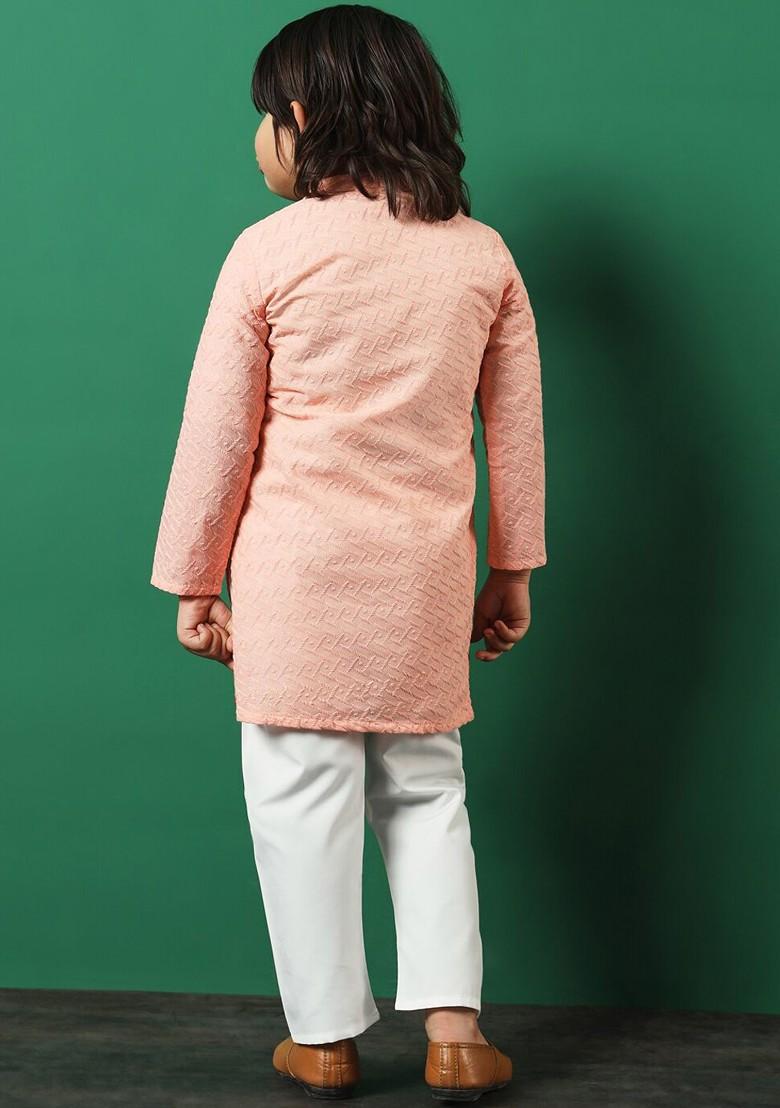 Peach Embroidered Cotton Kurta Set For Boys - Indya