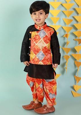Black Printed Blended Kurta Dhoti Set For Boys