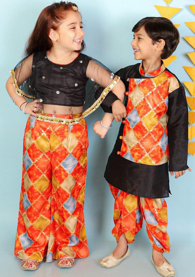 Black Printed Blended Kurta Dhoti Set For Boys - Indya