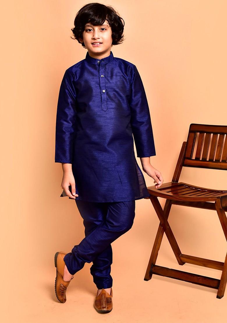 Navy Blue Embroidered Blended Kurta Set For Boys - Indya