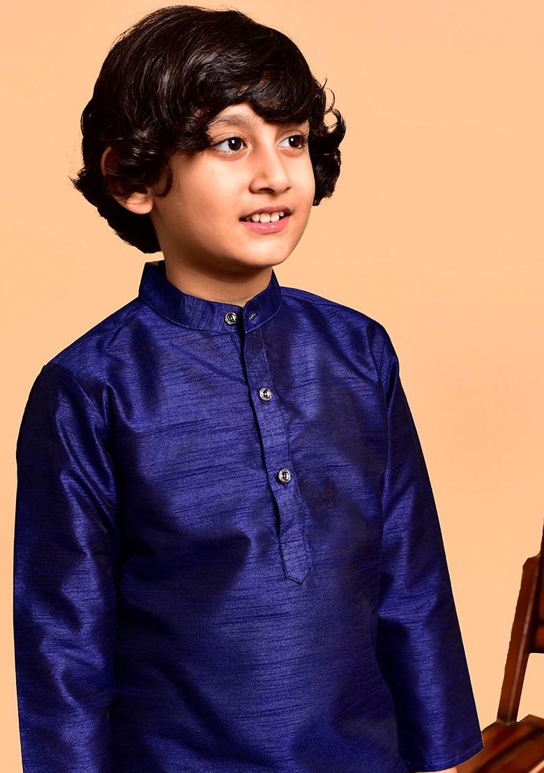 Navy Blue Embroidered Blended Kurta Set For Boys - Indya