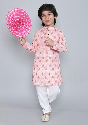 Pink Printed Cotton Kurta Set For Boys