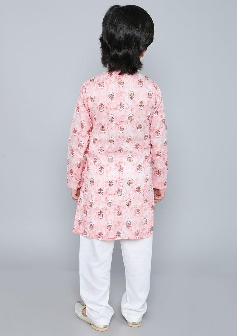 Pink Printed Cotton Kurta Set For Boys - Indya