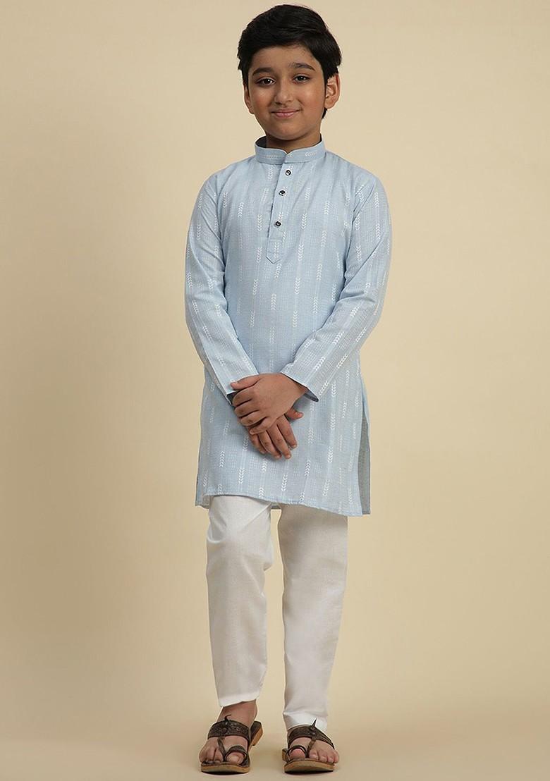 Blue Woven Design Cotton Kurta Set For Boys - Indya