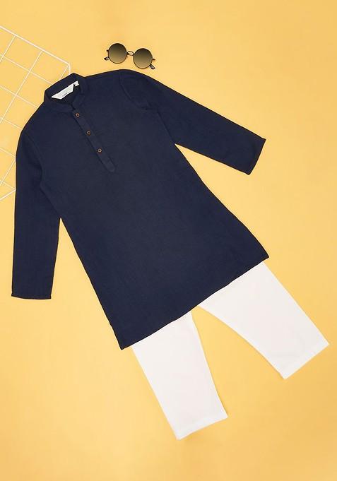 Navy Blue Embroidered Cotton Kurta Set For Boys — view on Indya