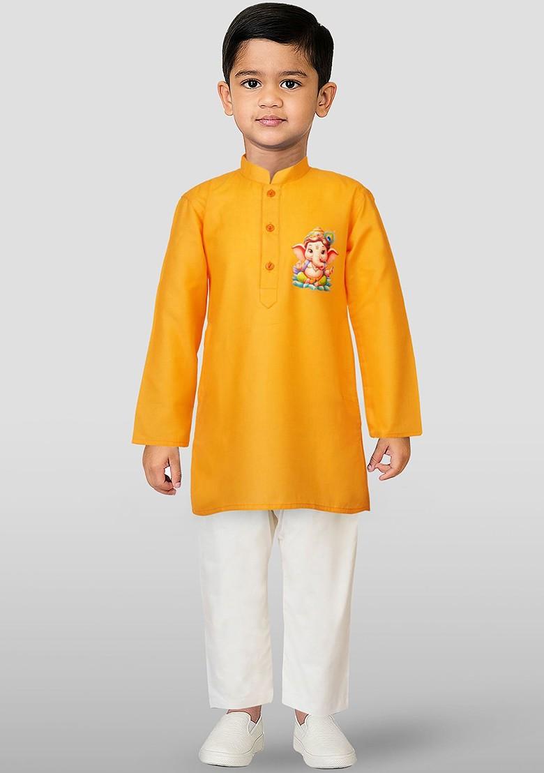 Orange Printed Blended Kurta Set For Boys - Indya