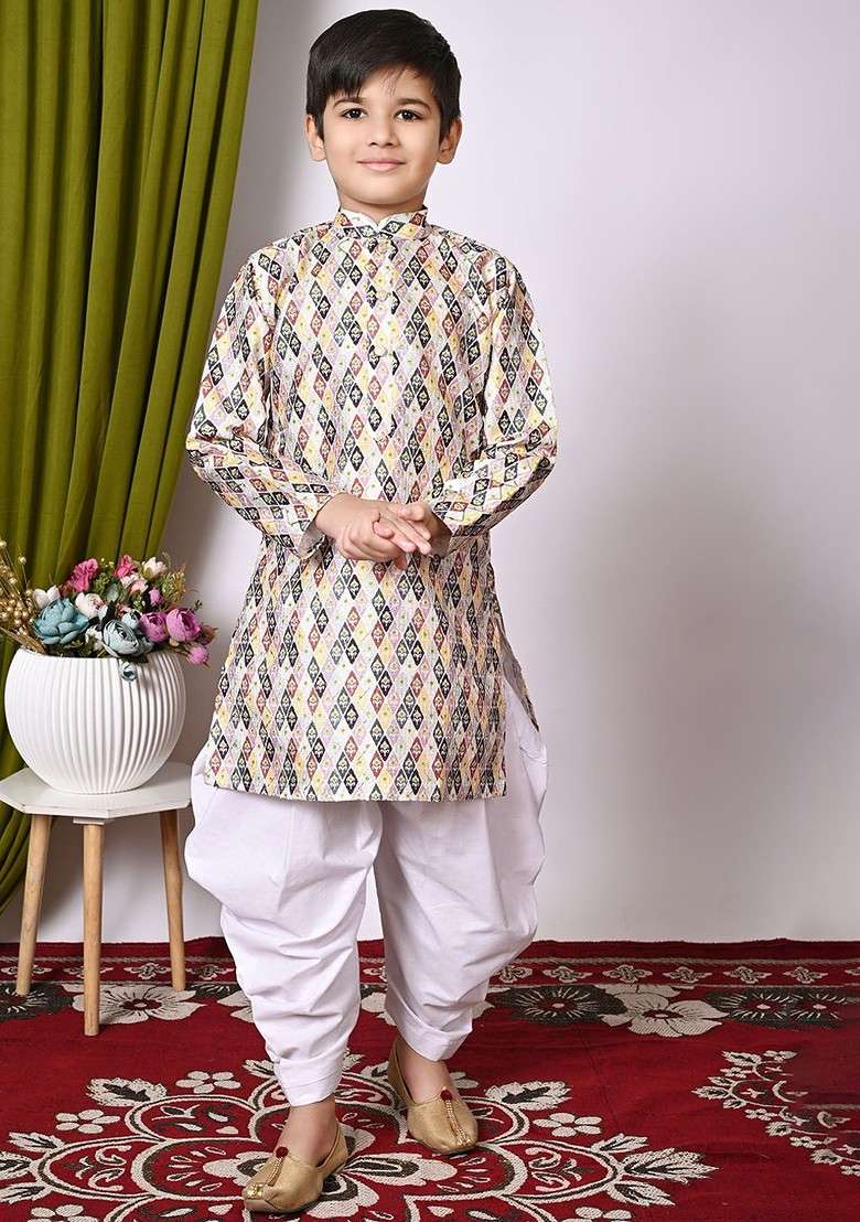 White Embroidered Silk Kurta Set For Boys - Indya
