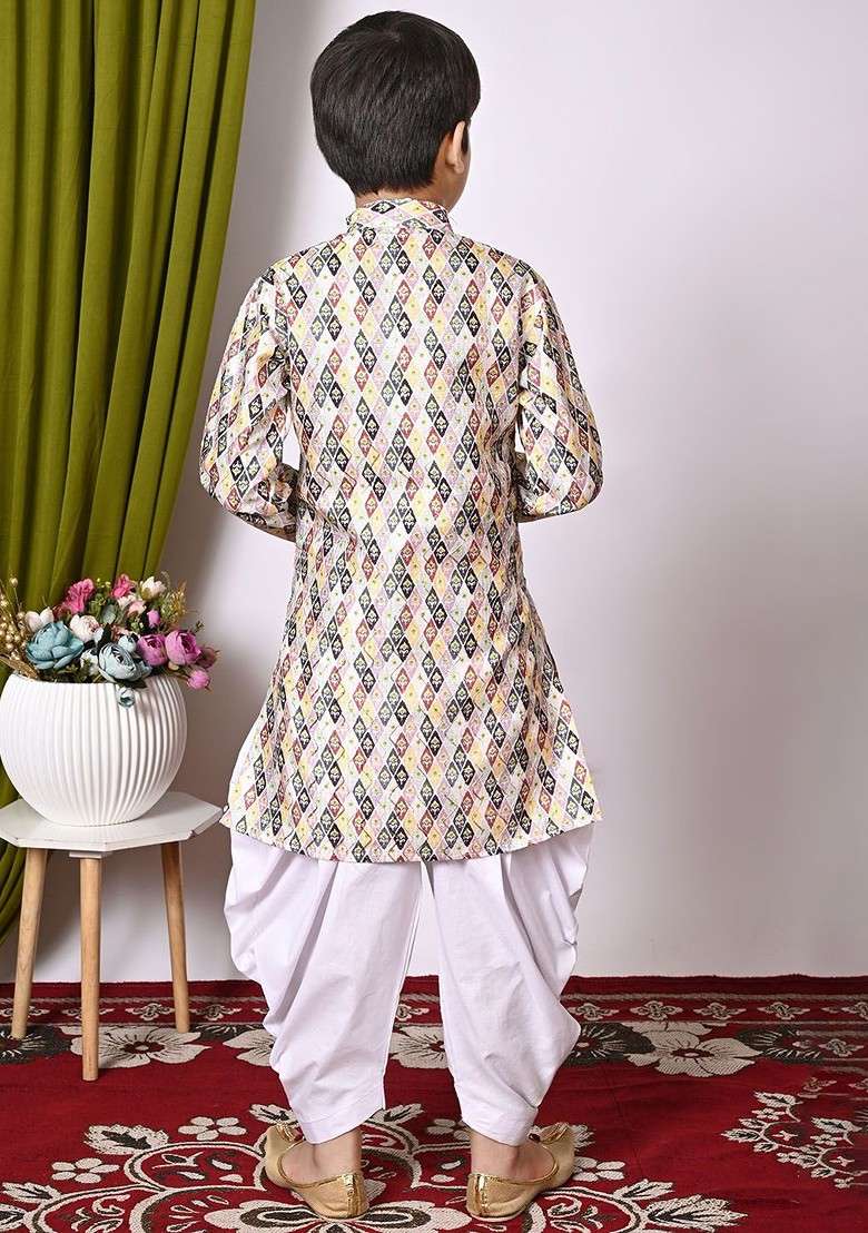 White Embroidered Silk Kurta Set For Boys - Indya