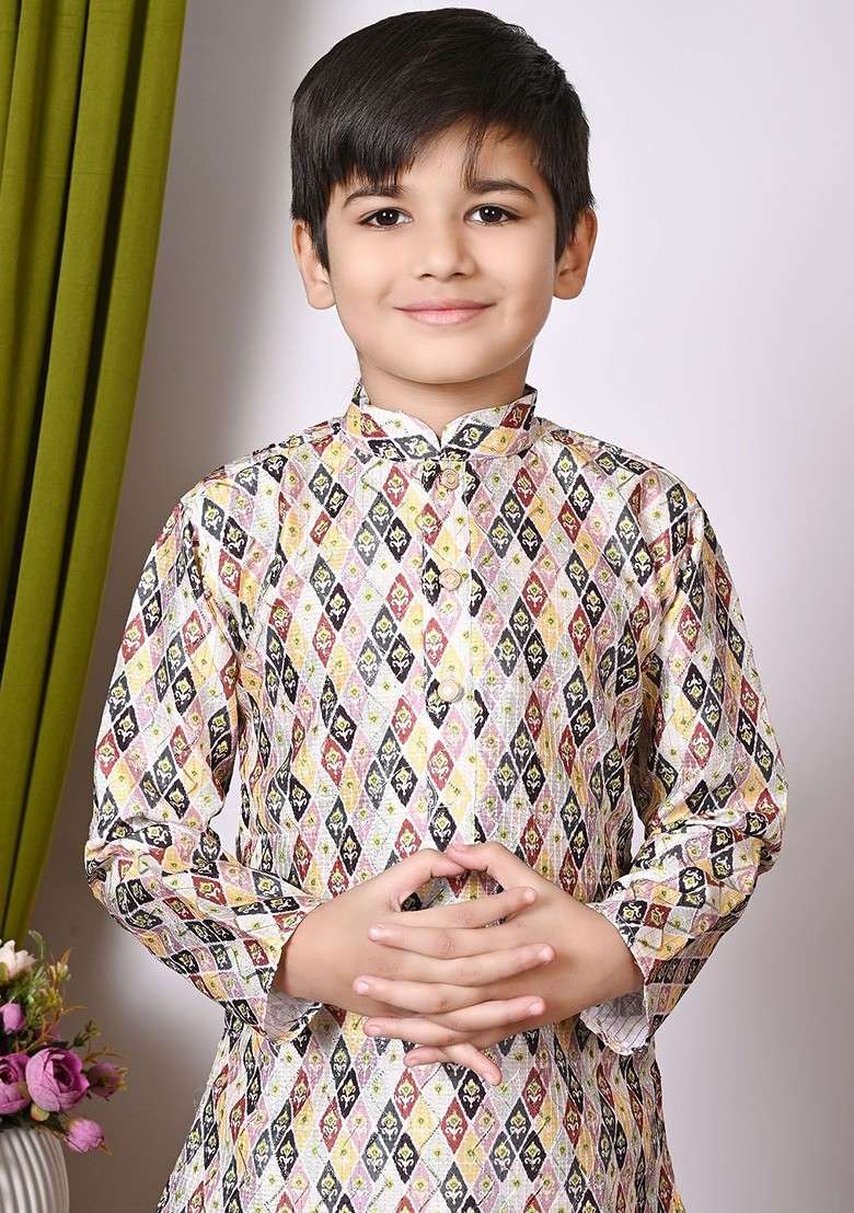 White Embroidered Silk Kurta Set For Boys - Indya