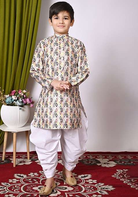 White Embroidered Silk Kurta Set For Boys