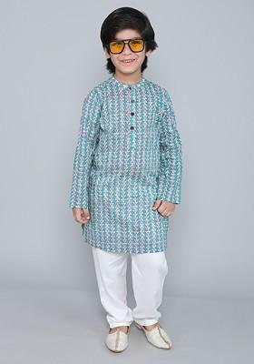 Teal Printed Blended Kurta Set For Boys