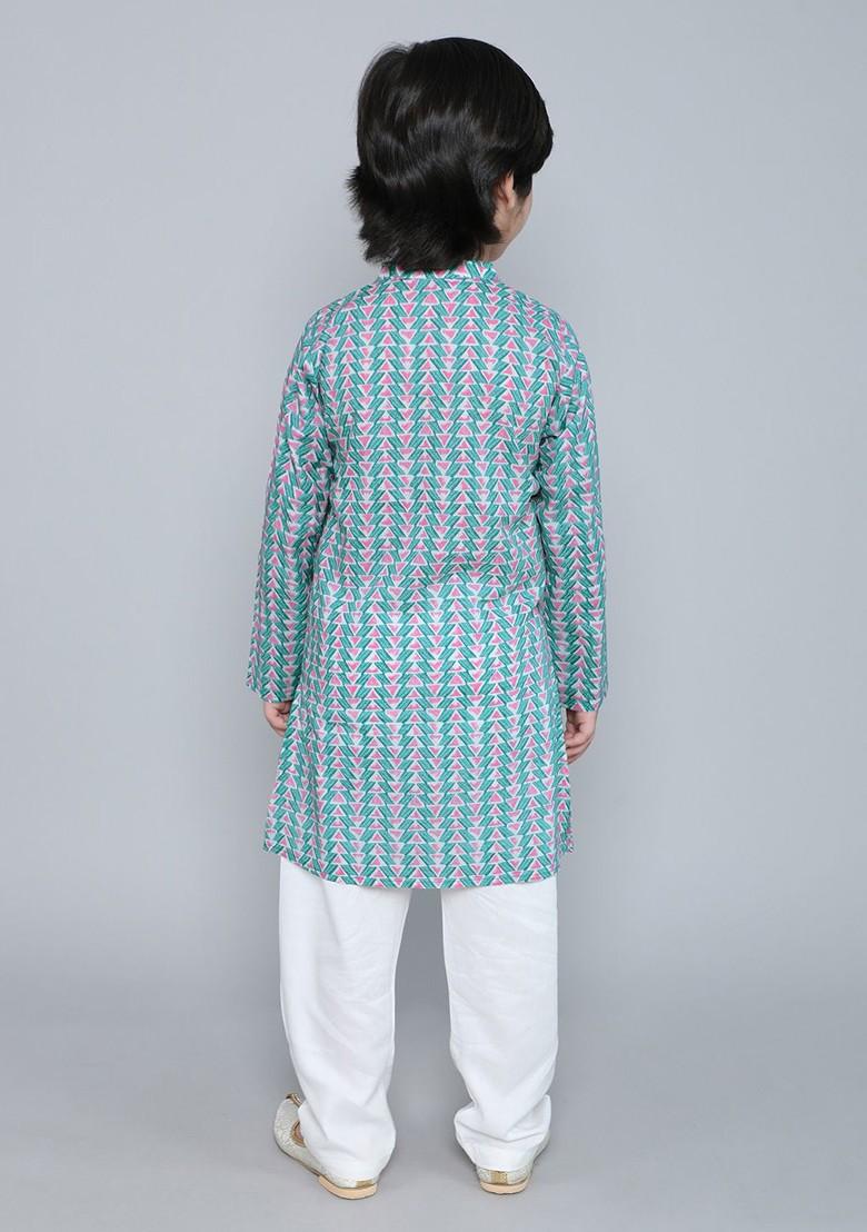 Teal Printed Blended Kurta Set For Boys - Indya