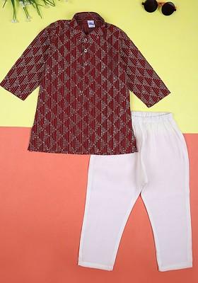 Maroon Embroidered Blended Kurta Set For Boys