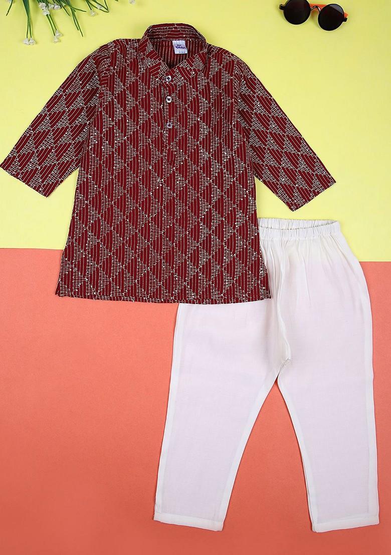 Maroon Embroidered Blended Kurta Set For Boys - Indya