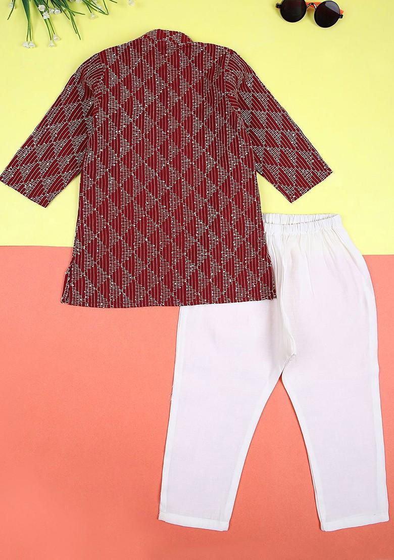 Maroon Embroidered Blended Kurta Set For Boys - Indya
