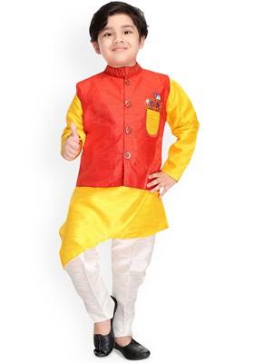 Red Solid Blended Nehru Jacket Set For Boys