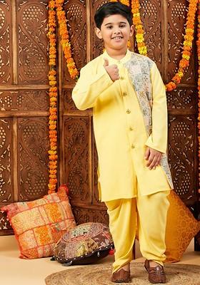 Yellow Printed Blended Kurta Dhoti Set For Boys