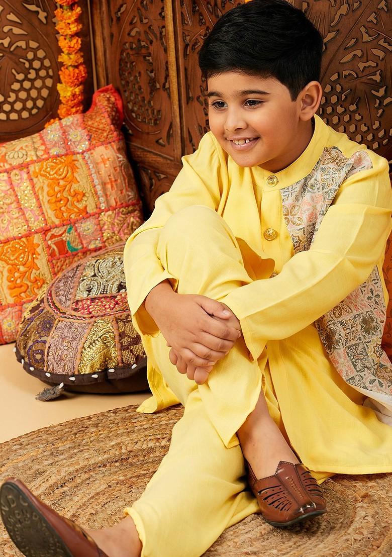Yellow Printed Blended Kurta Dhoti Set For Boys - Indya