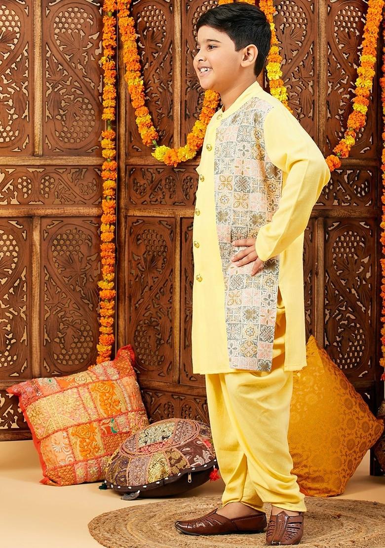 Yellow Printed Blended Kurta Dhoti Set For Boys - Indya