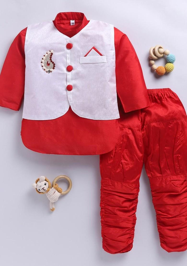Red Embroidered Blended Kurta Set For Boys - Indya