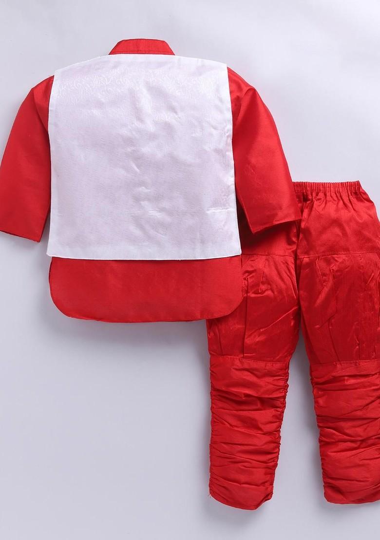 Red Embroidered Blended Kurta Set For Boys - Indya