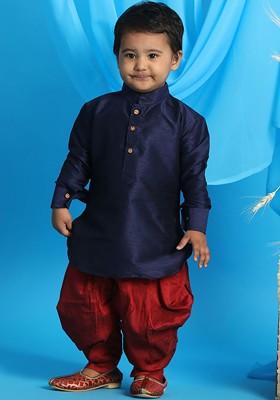 Navy Blue Embroidered Blended Kurta Dhoti Set For Boys
