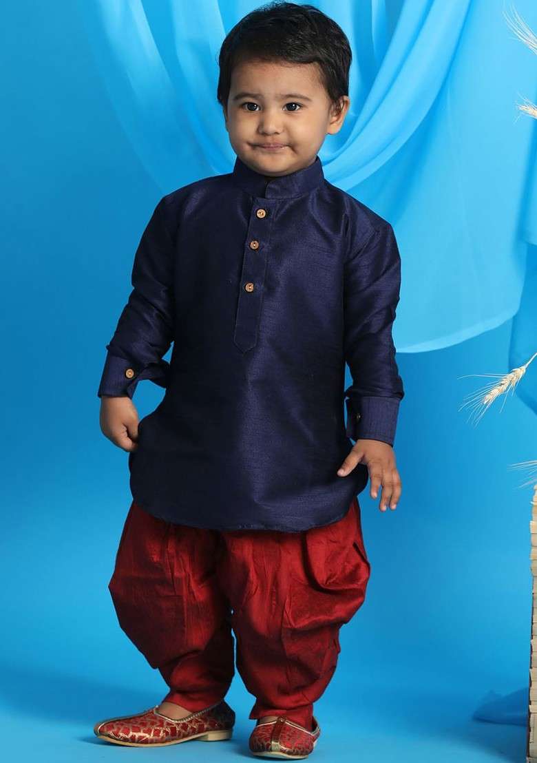 Navy Blue Embroidered Blended Kurta Dhoti Set For Boys - Indya