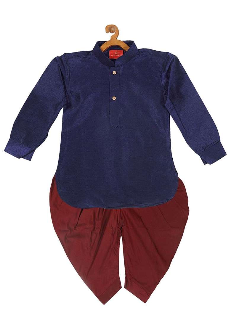 Navy Blue Embroidered Blended Kurta Dhoti Set For Boys - Indya