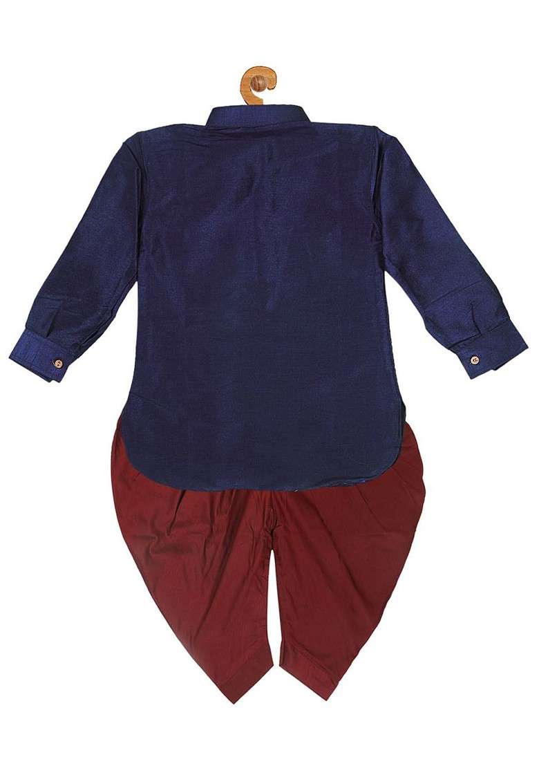 Navy Blue Embroidered Blended Kurta Dhoti Set For Boys - Indya