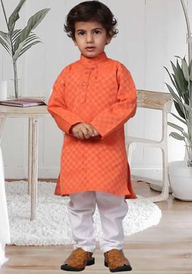 Orange Embroidered Blended Kurta Set For Boys