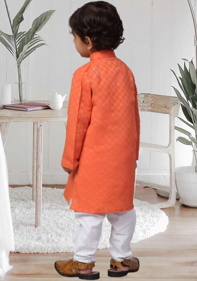 Orange Embroidered Blended Kurta Set For Boys - Indya