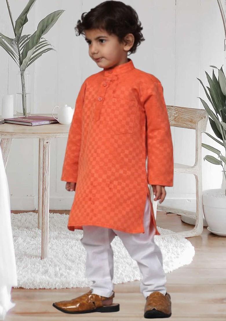 Orange Embroidered Blended Kurta Set For Boys - Indya