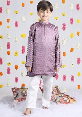 Purple Woven Design Blended Kurta Set For Boys